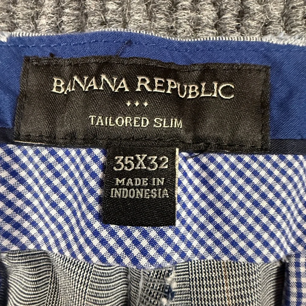 Banana Republic Mens 35x32 Tailored Slim Downtown Plaid Cotton Pants Grey 973528